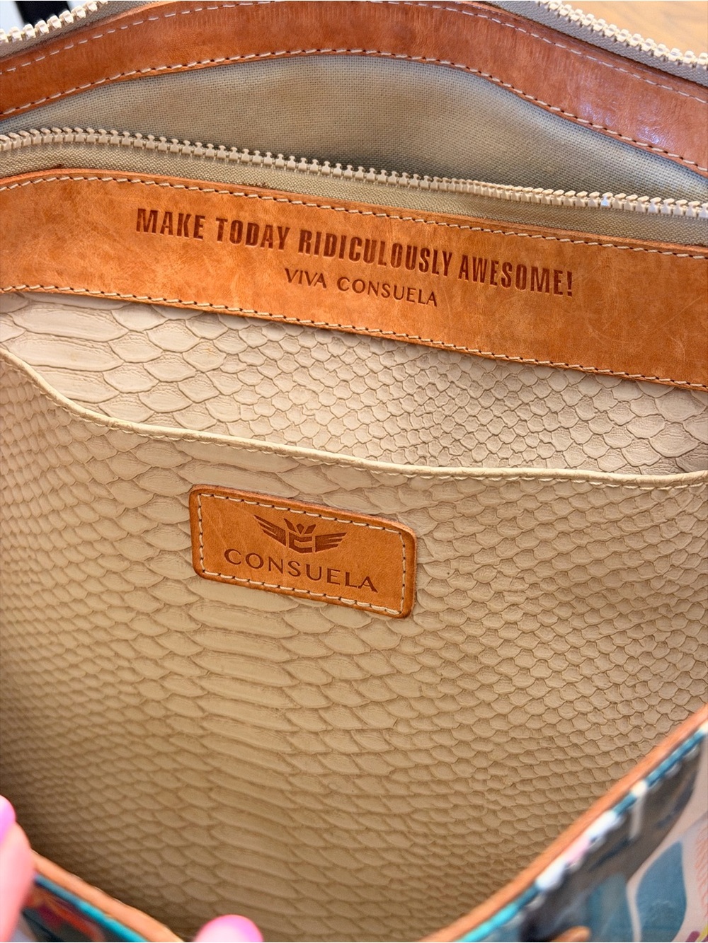 Consuela Teal Cactus Print Tote with Brown Handles - Picture 3 of 4
